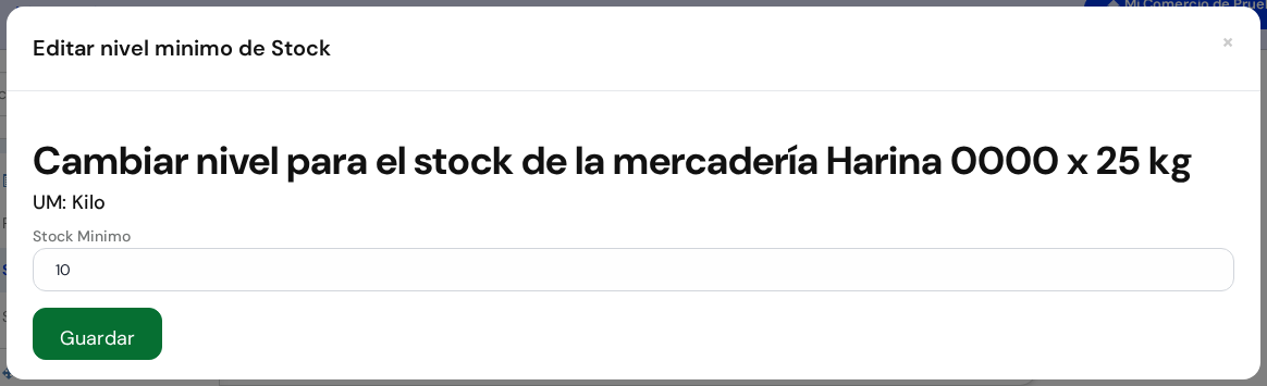 Ventanita Editar nivel minimo de Stock para Harina 0000 x 25 kg, con el casillero Stock Minimo en 10 y el botón Guardar