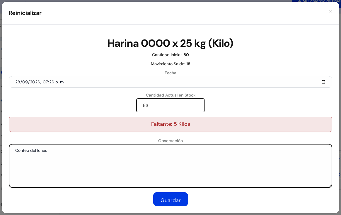 Ventanita Reinicializar de Harina 0000 x 25 kg con 63 escrito, el aviso rojo Faltante 5 Kilos, la observación y el botón Guardar