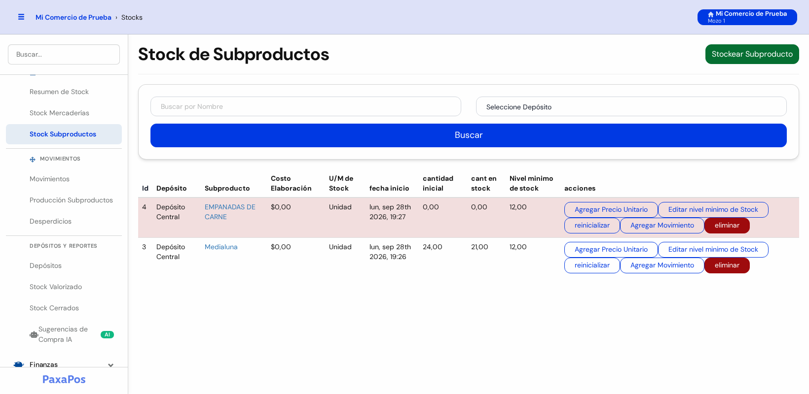 Pantalla Stock de Subproductos con el buscador y la lista: Empanadas de carne en rojo y Medialuna
