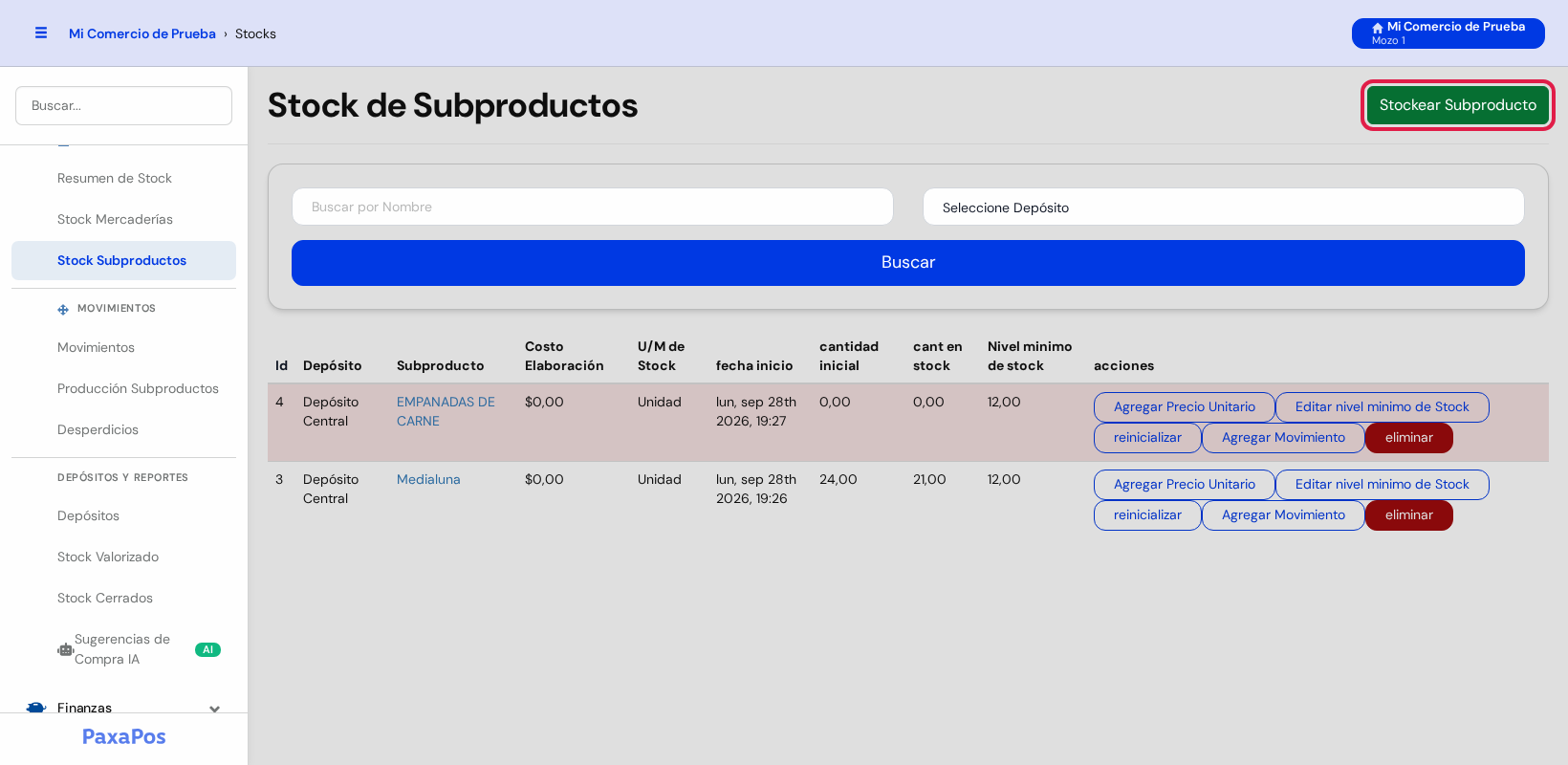 Pantalla Stock de Subproductos con el botón verde Stockear Subproducto marcado en rojo arriba a la derecha