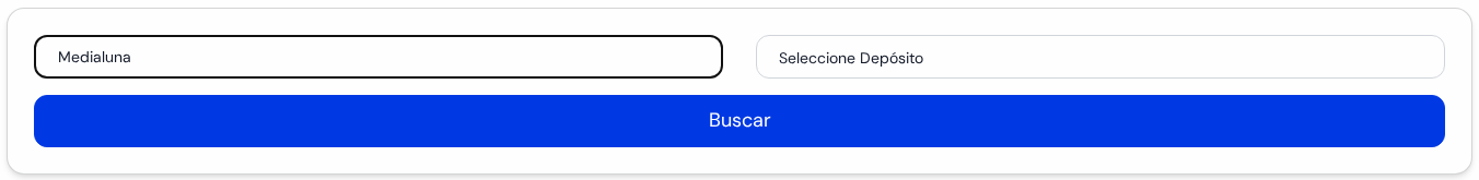 Recuadro de búsqueda con Medialuna escrito, los depósitos y el botón azul Buscar