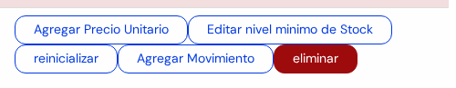 Botones de un renglón: Agregar Precio Unitario, Editar nivel minimo de Stock, reinicializar, Agregar Movimiento y eliminar en rojo