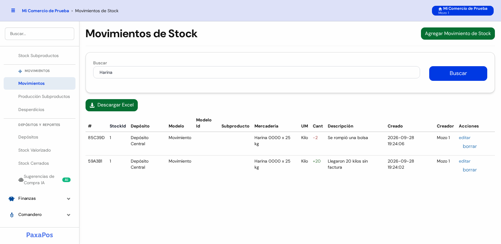 Lista con los dos movimientos de Harina 0000 x 25 kg: menos 2 y más 20