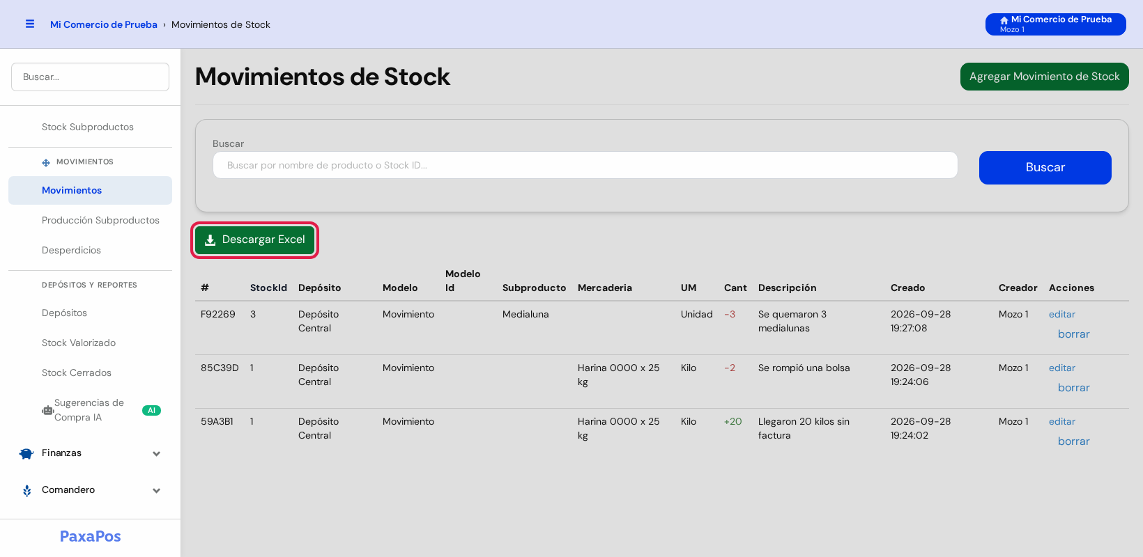 Pantalla Movimientos de Stock con el botón verde Descargar Excel marcado en rojo, debajo del buscador