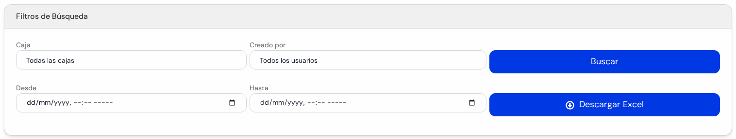 Recuadro Filtros de Búsqueda con Caja, Creado por, Desde, Hasta y los botones Buscar y Descargar Excel
