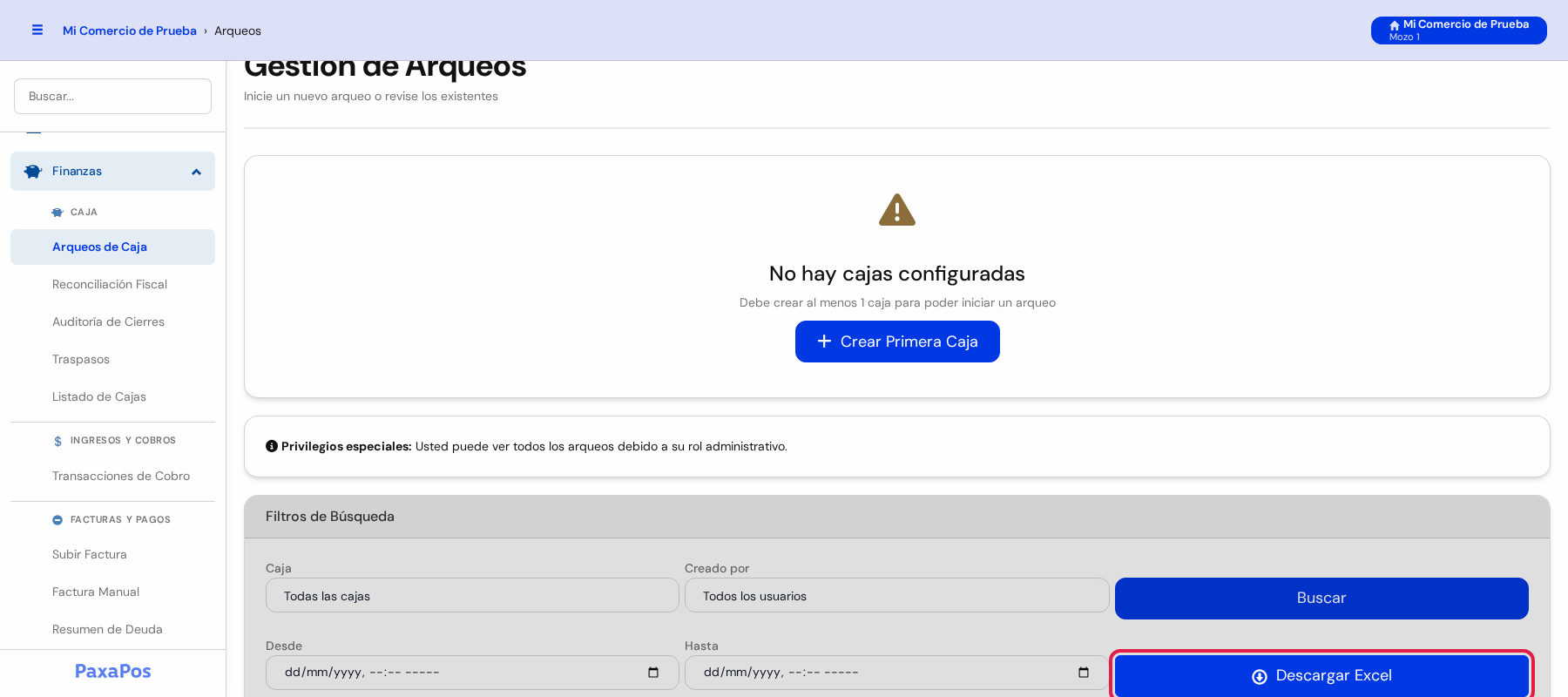 Pantalla con el botón azul Descargar Excel marcado en rojo debajo de Buscar