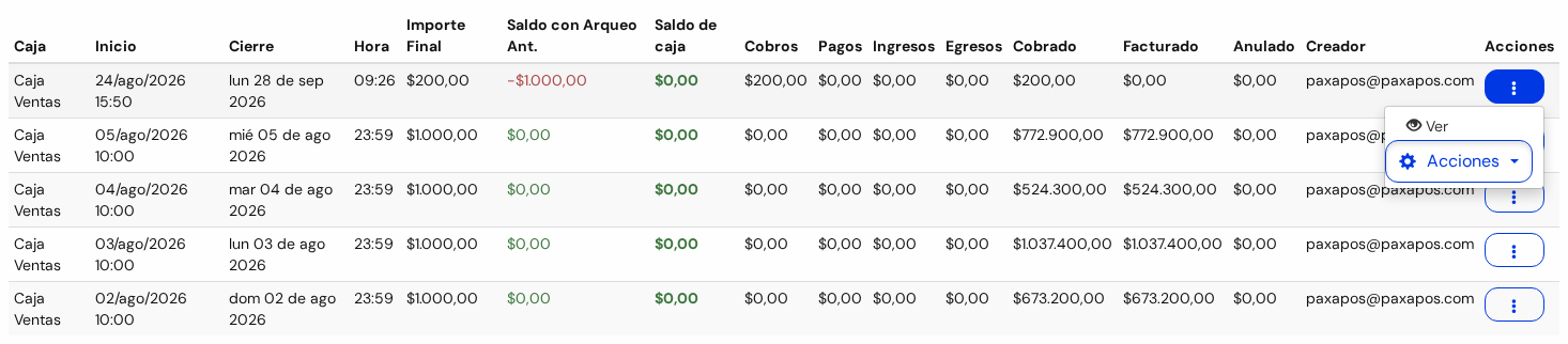 Menú del botón de tres puntitos con Ver y Acciones