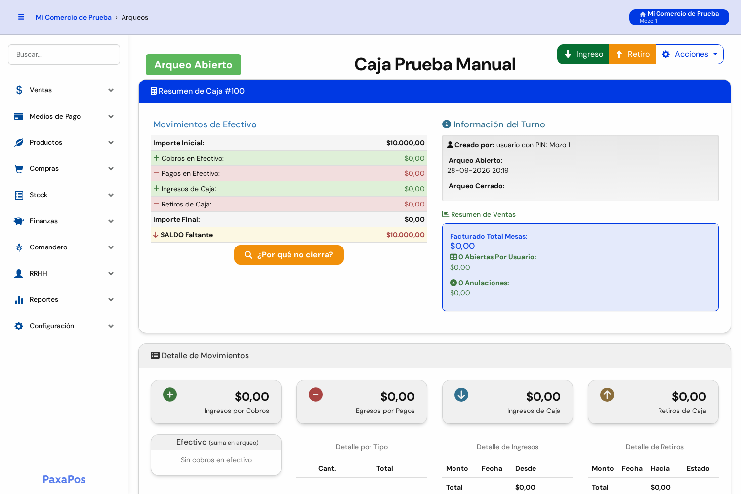 Detalle del arqueo abierto con el resumen de caja, la información del turno y los botones Ingreso, Retiro y Acciones arriba