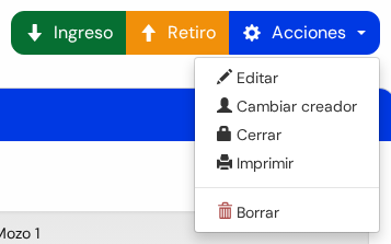 Lista Acciones abierta con Editar, Cambiar creador, Cerrar, Imprimir y Borrar