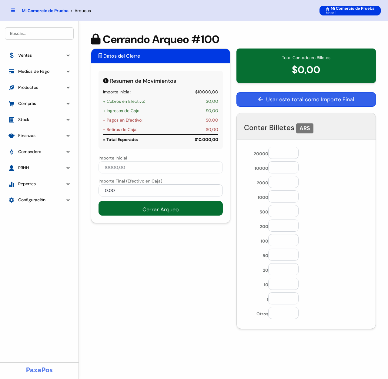 Pantalla Cerrando Arqueo con el resumen de movimientos, el Importe Final y la lista para contar billetes