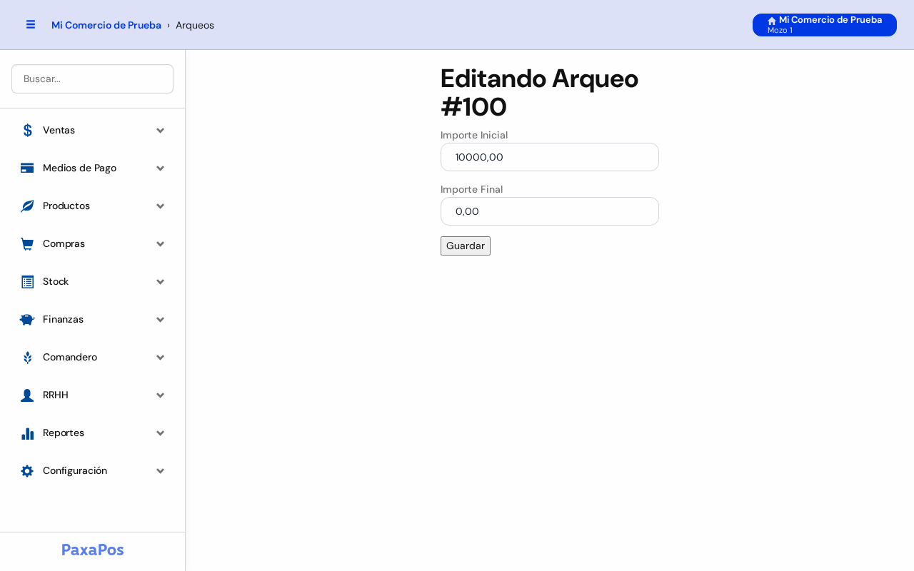 Pantalla Editando Arqueo con Importe Inicial, Importe Final y el botón Guardar