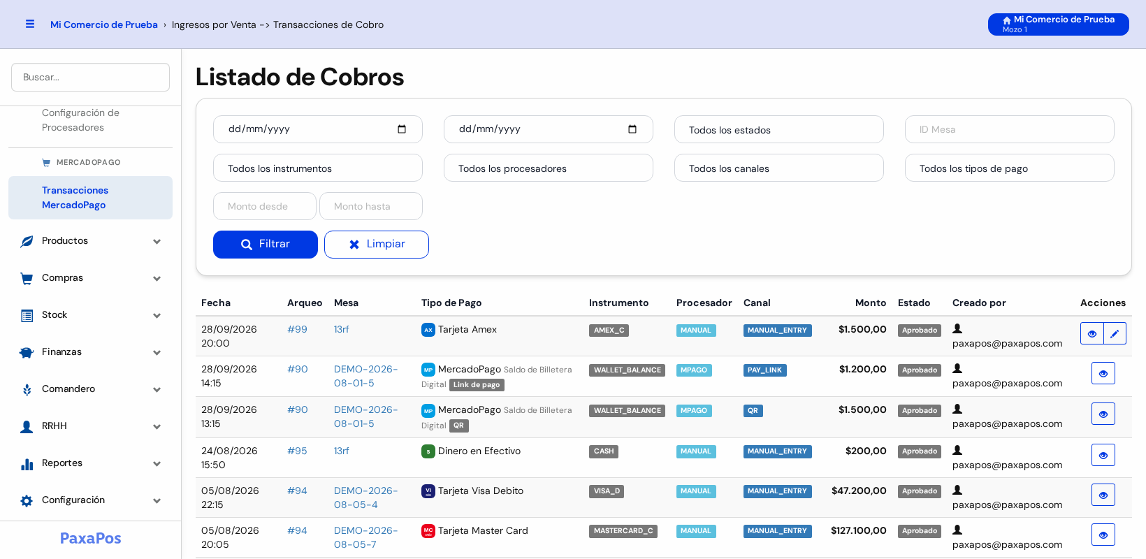 Pantalla Listado de Cobros con el panel de filtros arriba y la lista de cobros abajo