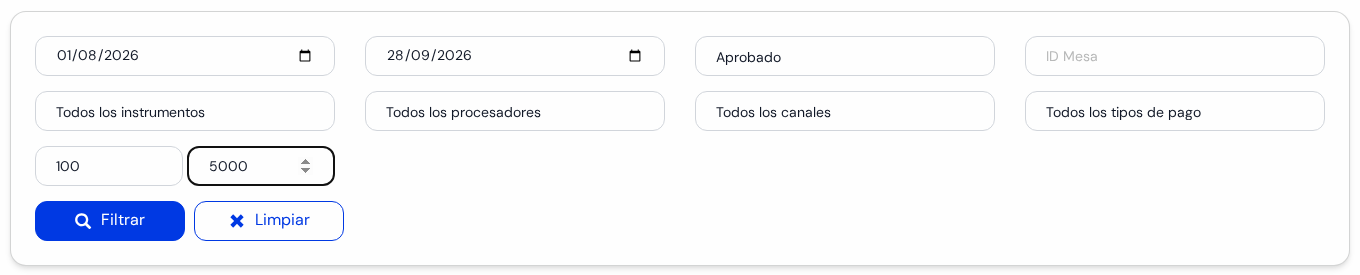 Panel de filtros completo con fechas, estado Aprobado, montos y los botones Filtrar y Limpiar