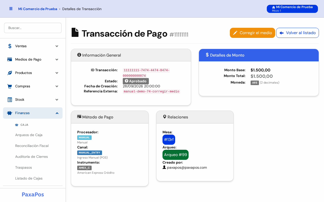 Detalle de la transacción con los recuadros de información general, monto, método de pago y relaciones