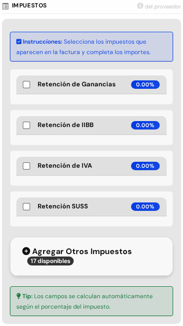 Columna Impuestos del proveedor con retenciones de Ganancias, IIBB, IVA y SUSS, y el botón Agregar Otros Impuestos