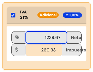 Impuesto IVA 21% tildado, con el neto 1239.67 y el IVA calculado 260,33
