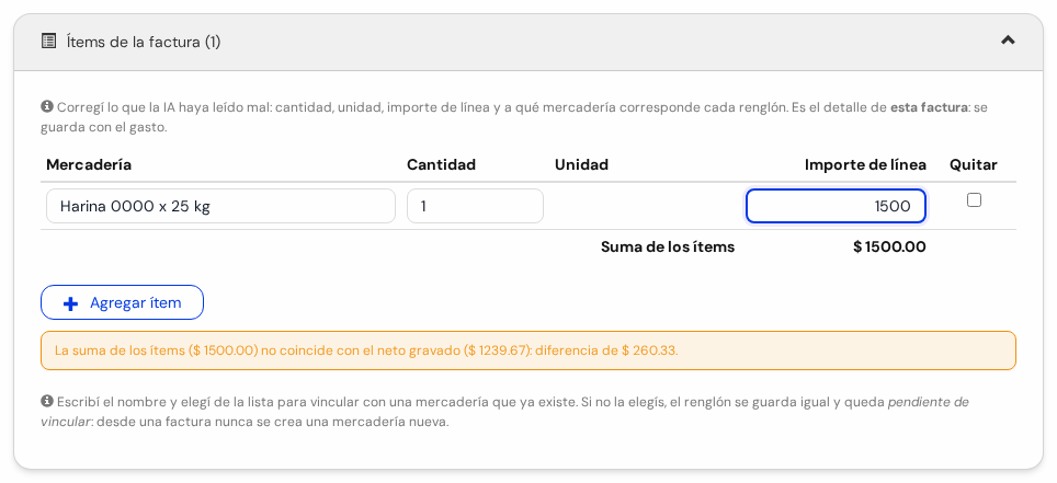 Panel Ítems de la factura con un renglón Harina 0000 x 25 kg, cantidad 1 e importe 1500, y el botón Agregar ítem