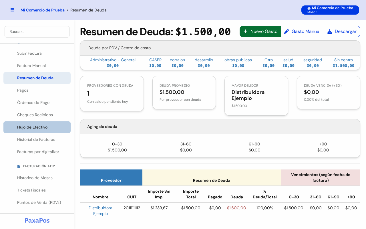 Pantalla Resumen de Deuda con el total de deuda arriba, tarjetas, aging y la tabla por proveedor