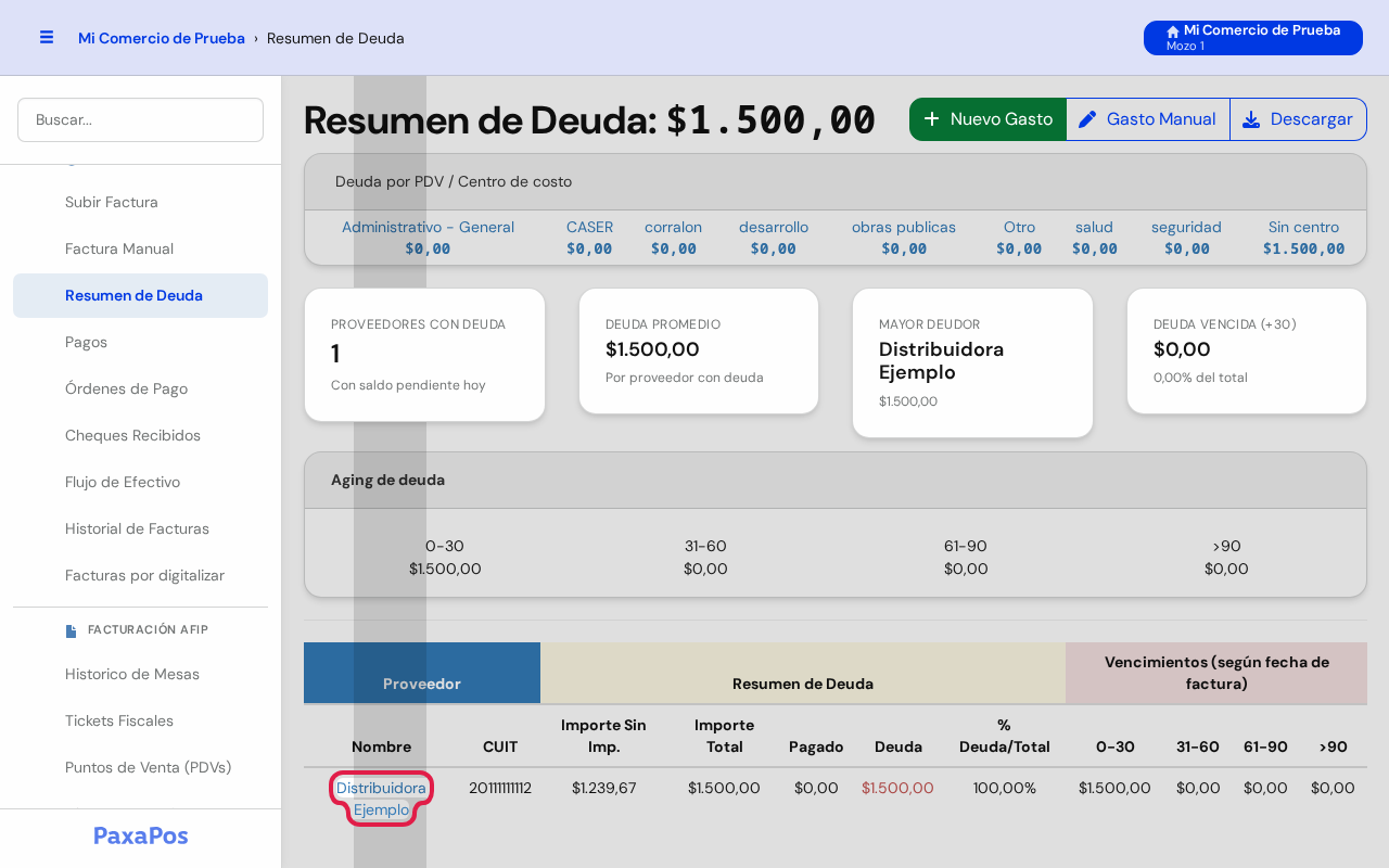 Tabla de deuda con el nombre azul Distribuidora Ejemplo marcado en rojo