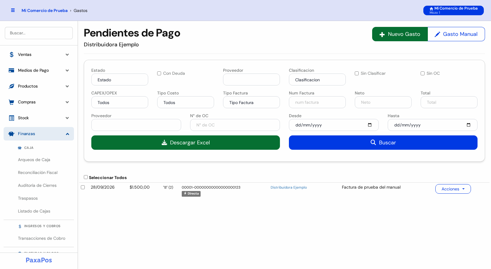 Pantalla Pendientes de Pago del proveedor Distribuidora Ejemplo con los filtros y una factura