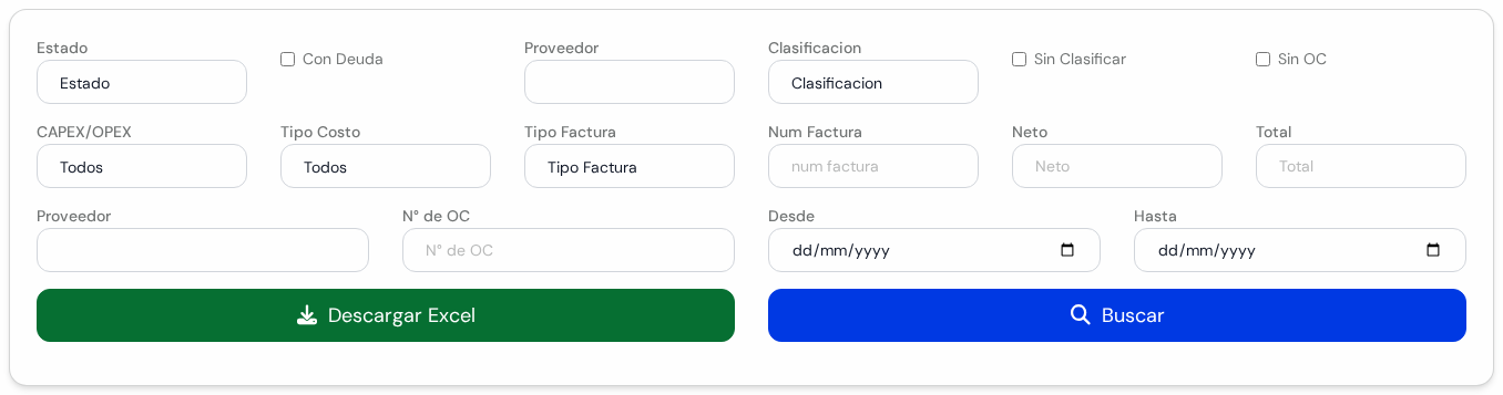 Panel de filtros con Estado, Con Deuda, Proveedor, Clasificacion, Tipo Factura, Num Factura, Neto, Total, N° de OC, Desde, Hasta y los botones Descargar Excel y Buscar