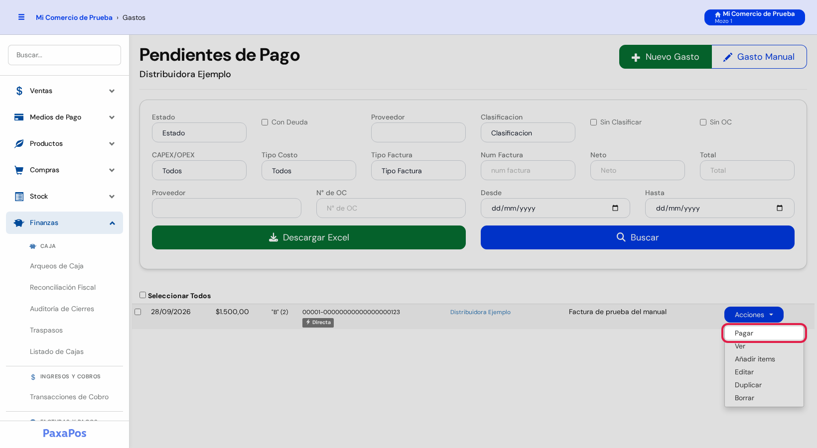 Menú Acciones abierto con Pagar marcado en rojo, y debajo Ver, Añadir items, Editar, Duplicar y Borrar