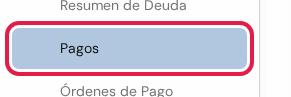 Opción Pagos marcada en rojo, debajo del título Facturas y Pagos