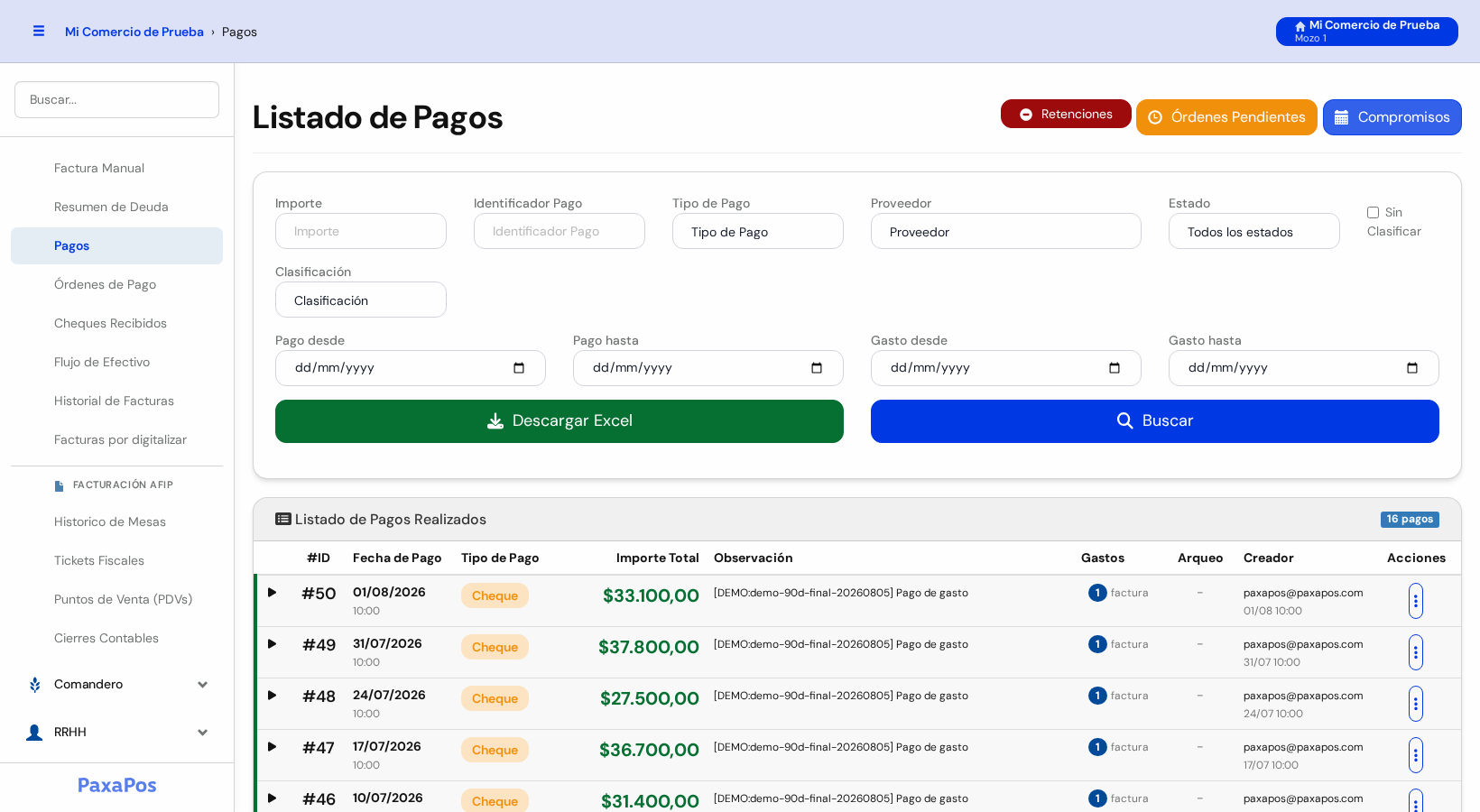 Pantalla Listado de Pagos con los botones de arriba, el buscador y la lista de pagos realizados