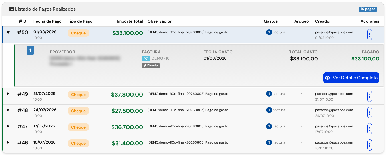 Lista de pagos realizados con el primer pago desplegado, que muestra la factura que pagó