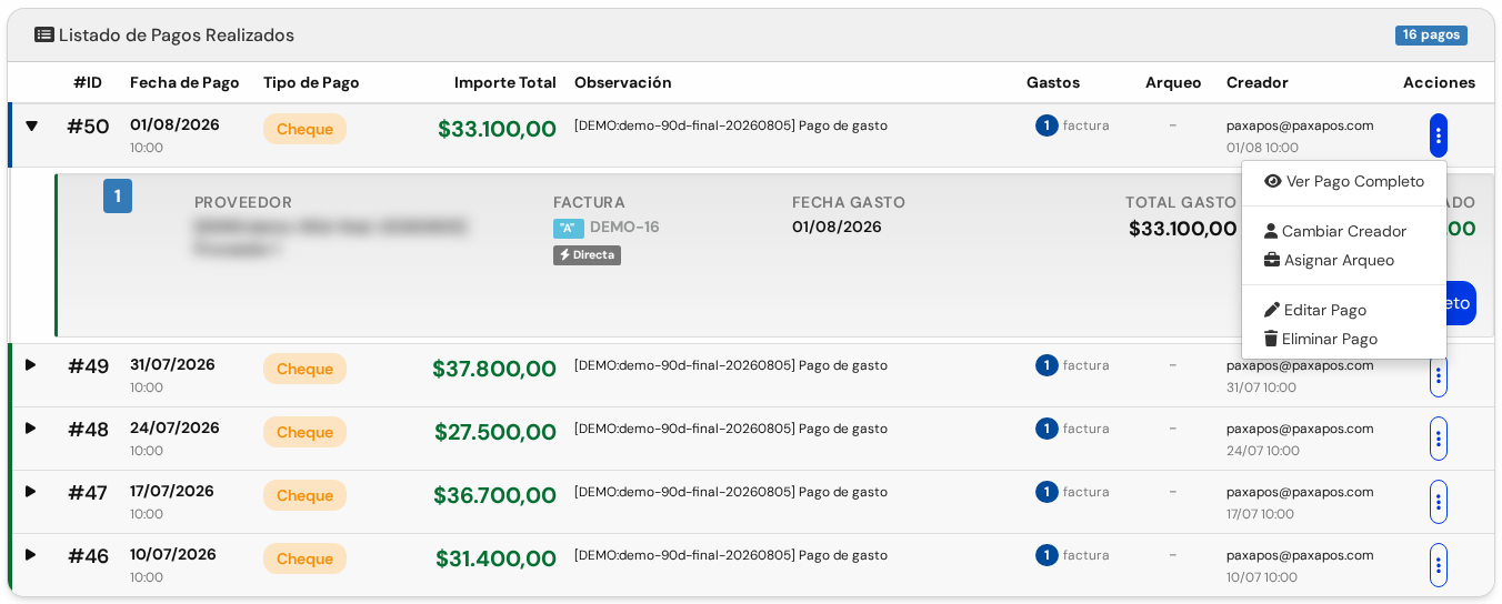Lista de pagos con el menú del primer pago abierto: Ver Pago Completo, Cambiar Creador, Asignar Arqueo, Editar Pago y Eliminar Pago