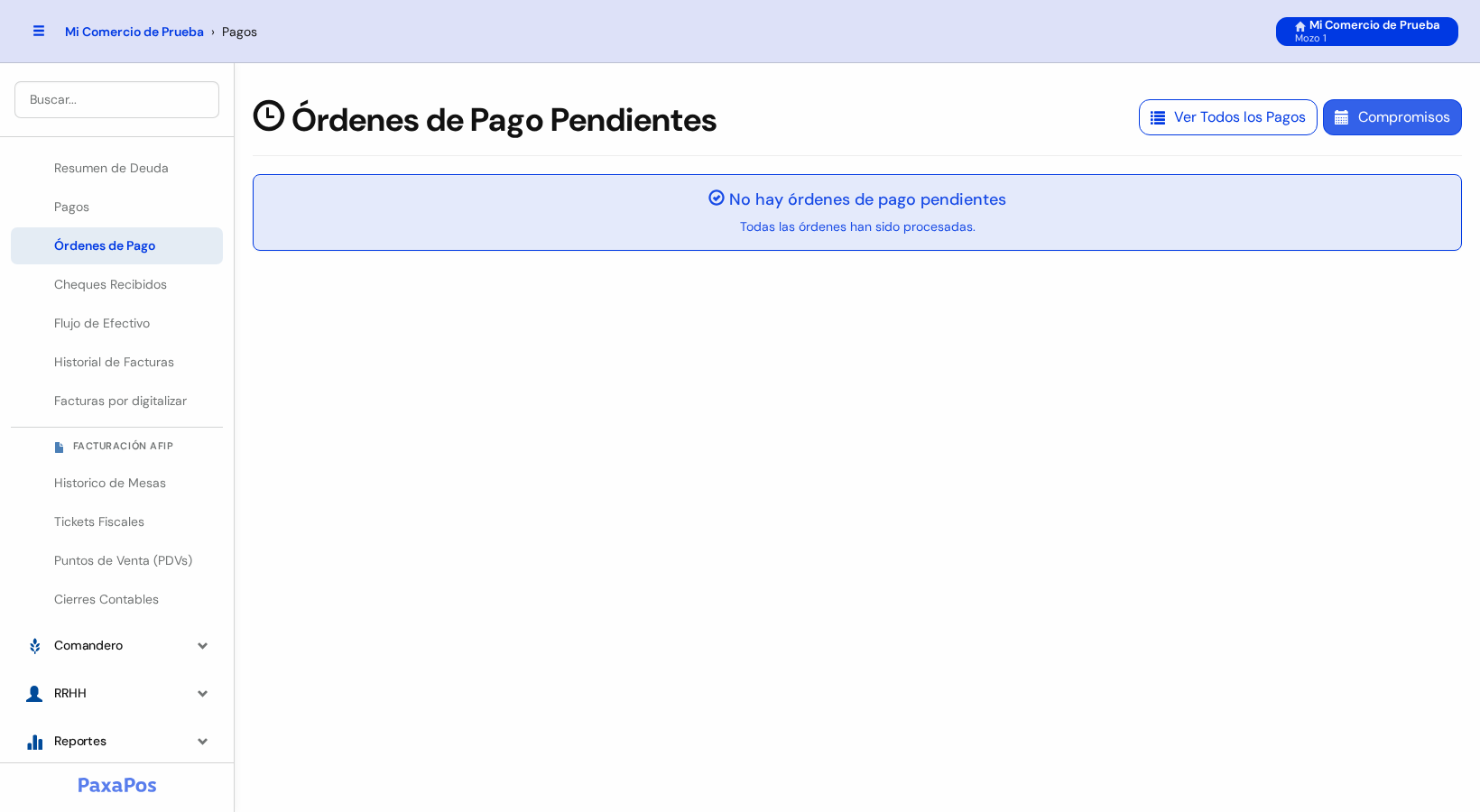 Pantalla Órdenes de Pago Pendientes con el mensaje No hay órdenes de pago pendientes y los botones Ver Todos los Pagos y Compromisos