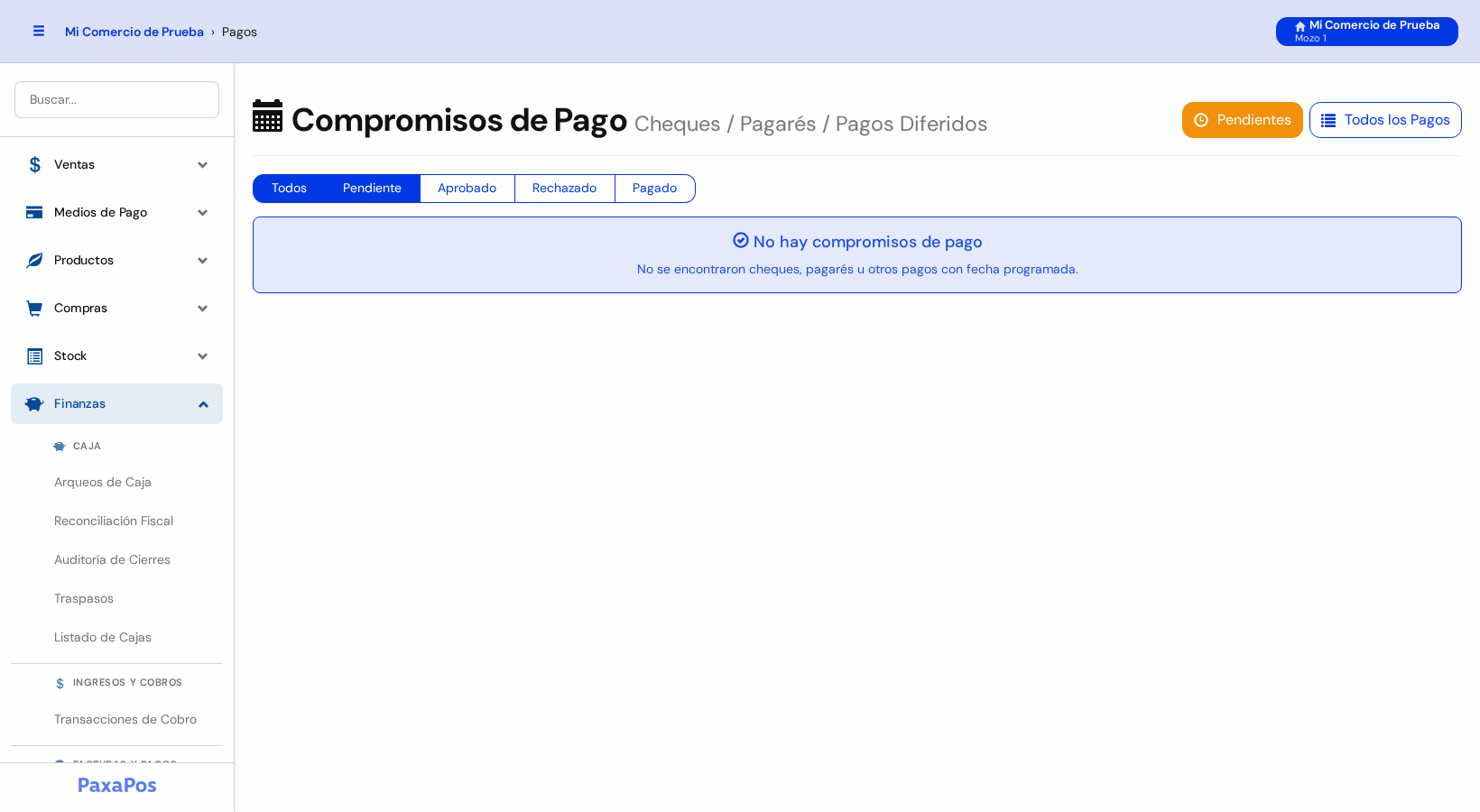 Pantalla Compromisos de Pago con los botones Todos, Pendiente, Aprobado, Rechazado y Pagado, y el mensaje No hay compromisos de pago