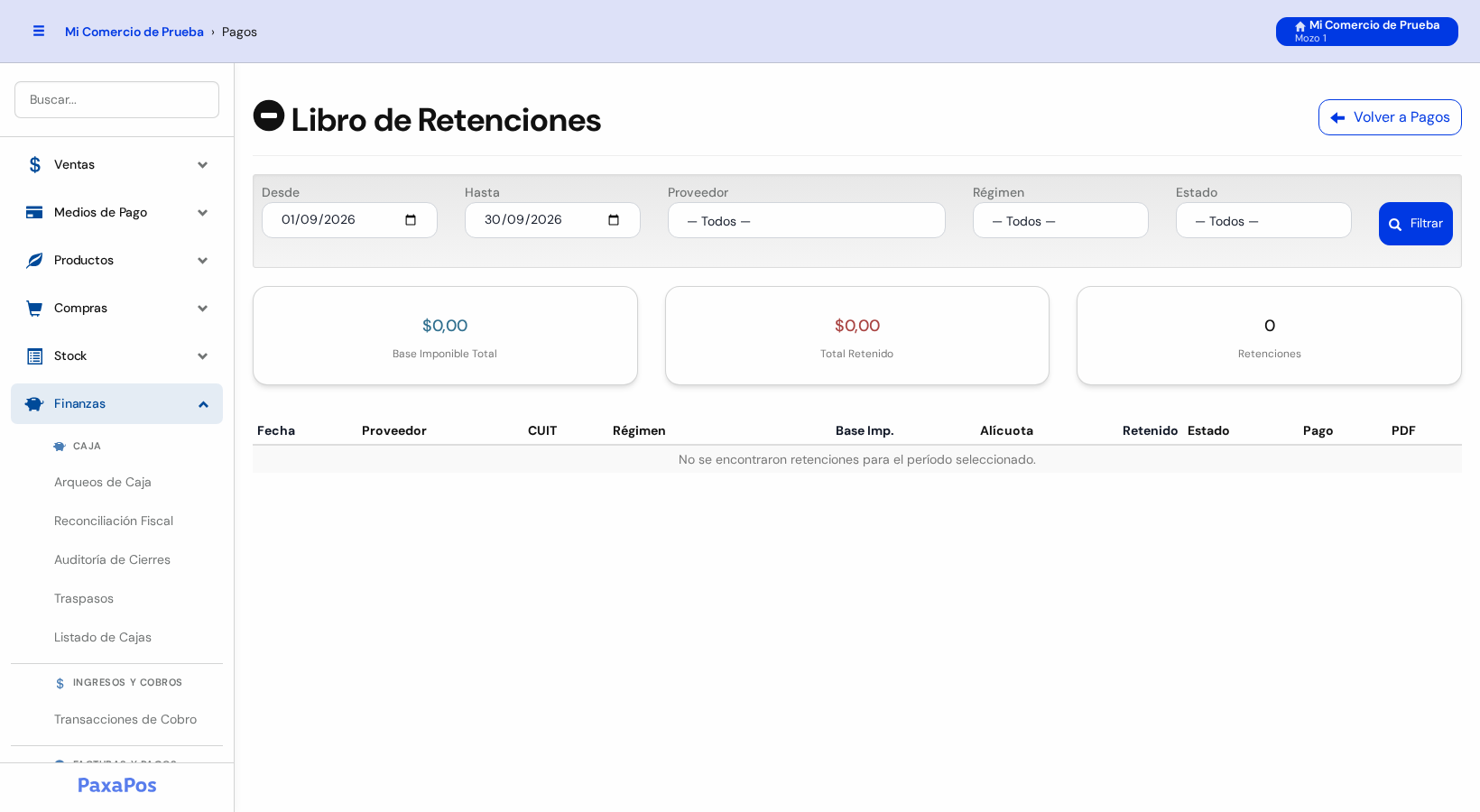 Pantalla Libro de Retenciones con el buscador Desde, Hasta, Proveedor, Régimen y Estado, tres tarjetas con totales y una tabla vacía