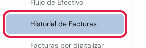 Opción Historial de Facturas marcada en rojo, debajo del título Facturas y Pagos