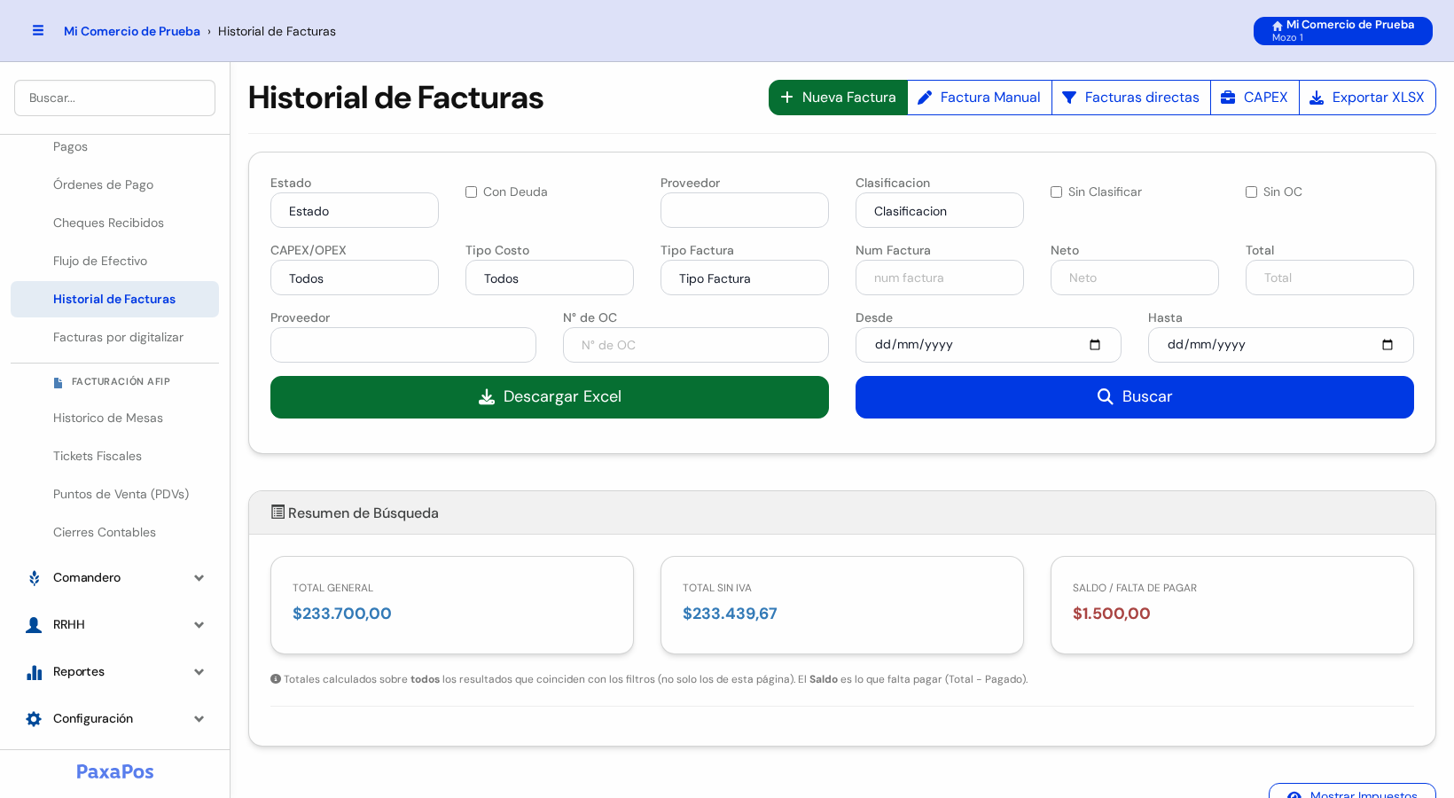 Pantalla Historial de Facturas con los botones de arriba, el buscador, el resumen y la lista