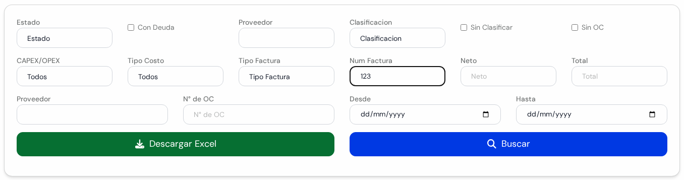 Panel de búsqueda con todos los filtros, el número 123 escrito en Num Factura y los botones Descargar Excel y Buscar