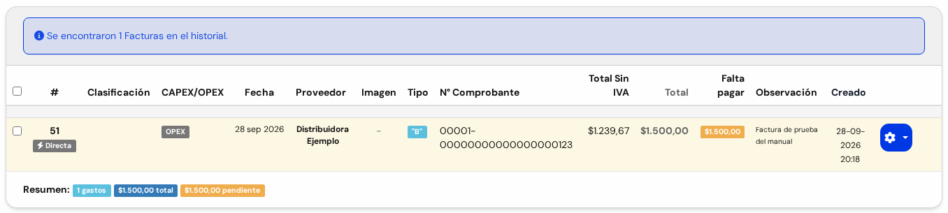 Lista con una sola factura, la número 51 de Distribuidora Ejemplo, tipo B, por 1.500 pesos
