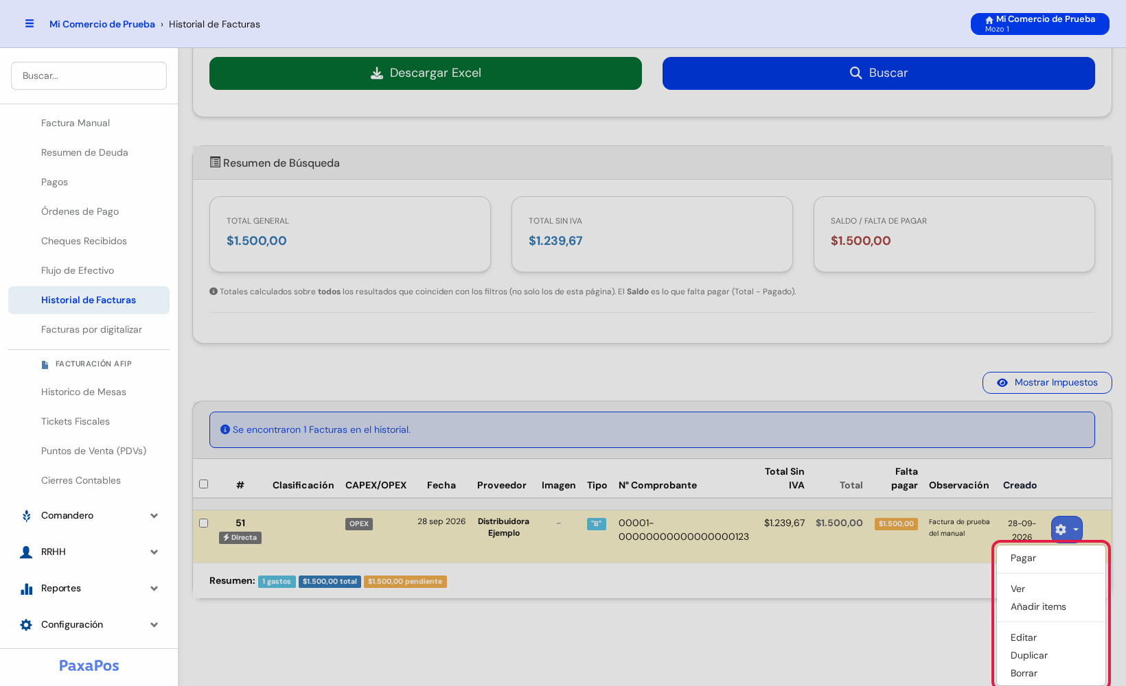 Menú de la rueda abierto con Pagar, Ver, Añadir items, Editar, Duplicar y Borrar, marcado en rojo