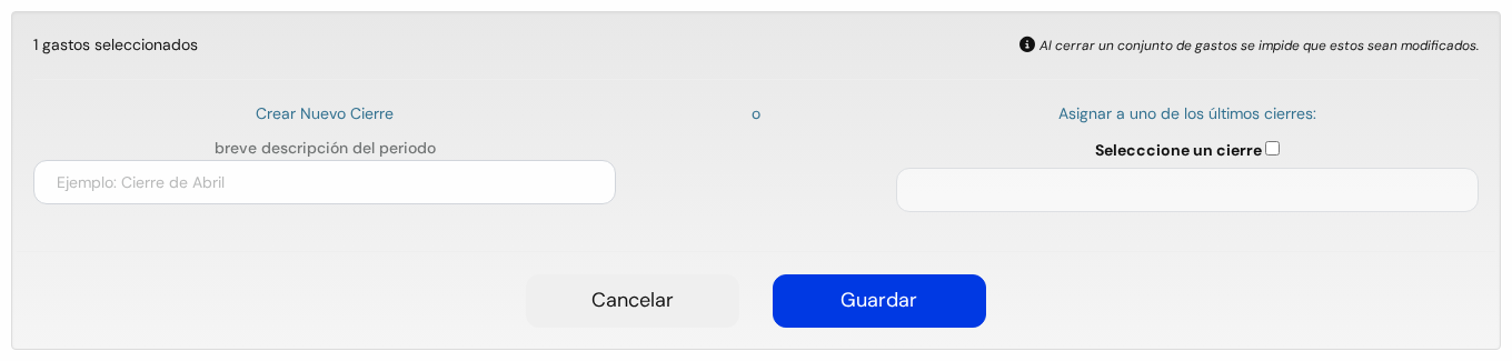 Ventanita con Crear Nuevo Cierre, Asignar a uno de los últimos cierres, y los botones Cancelar y Guardar