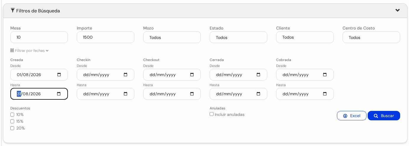 Buscador completo con Filtrar por fechas desplegado, los botones Excel y Buscar