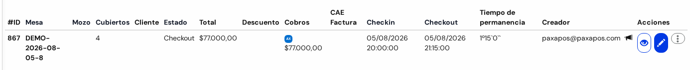 Lista con una sola mesa encontrada, con sus datos y los botones de la derecha
