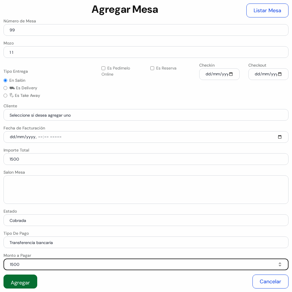 Pantalla Agregar Mesa completa con datos de ejemplo y los botones Agregar y Cancelar