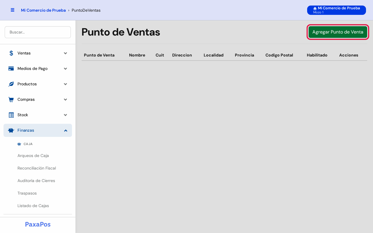 Pantalla Punto de Ventas con la tabla vacía y el botón verde Agregar Punto de Venta marcado en rojo, arriba a la derecha