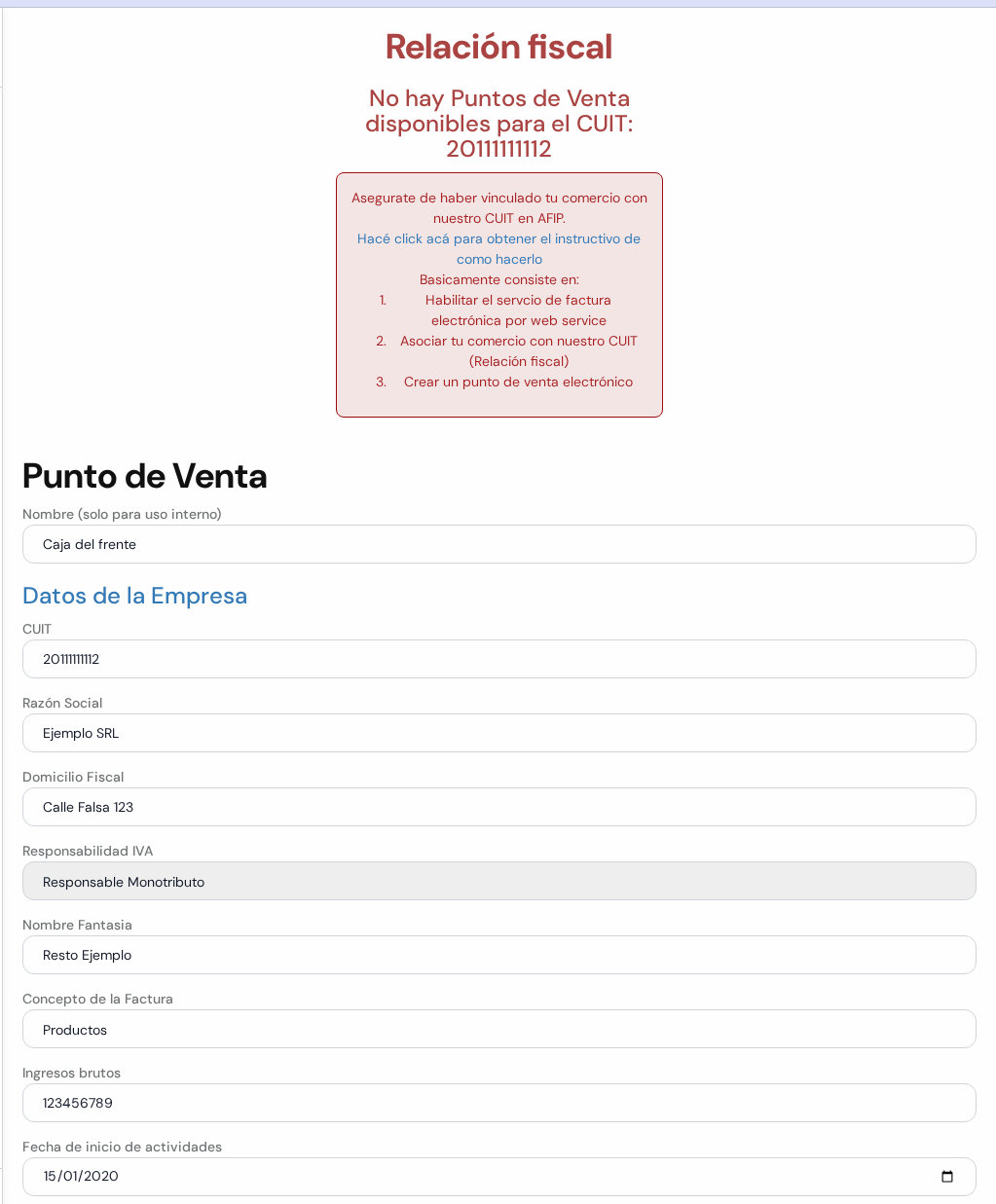 Parte de arriba de la pantalla Punto de Venta: el aviso Relación fiscal y los casilleros Nombre, CUIT, Razón Social, Domicilio Fiscal, Responsabilidad IVA, Nombre Fantasia, Concepto de la Factura, Ingresos brutos y Fecha de inicio de actividades